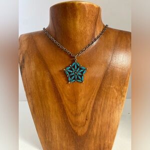 Petit Point Faux Turquoise Pendant Necklace Silver-Tone Southwest Western 23”